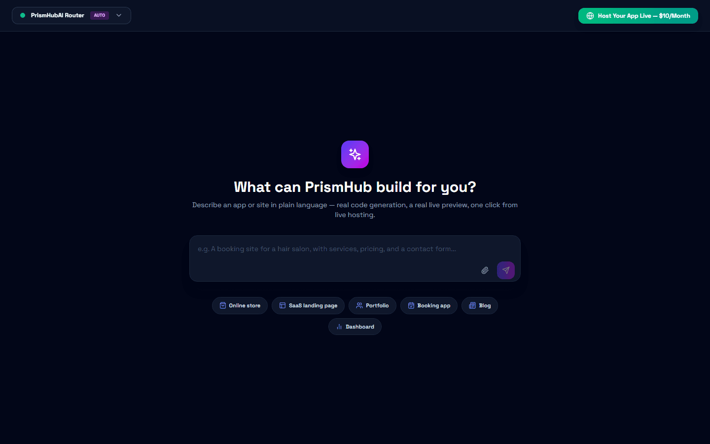 The real PrismHub No-Code App Builder start screen: "What can PrismHub build for you?" with a prompt box and real starter templates like Online store and Booking app